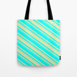 [ Thumbnail: Pale Goldenrod and Cyan Colored Striped/Lined Pattern Tote Bag ]