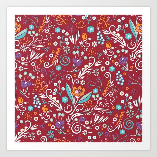 Flower circle pattern, red Art Print
