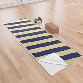 [ Thumbnail: Midnight Blue & Tan Colored Striped Pattern Yoga Towel ]