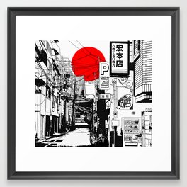 Tokyo street sunrise Framed Art Print | Japan, Illustration, Manga, Twilight, Drawing, Kyoto, Architecture, Fuji, Curated, Far 