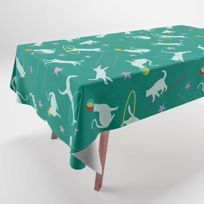 Acrobatic Cats in Green Tablecloth