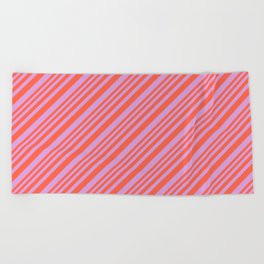 [ Thumbnail: Red and Plum Colored Pattern of Stripes Beach Towel ]