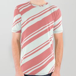 [ Thumbnail: Mint Cream & Light Coral Colored Striped/Lined Pattern All Over Graphic Tee ]