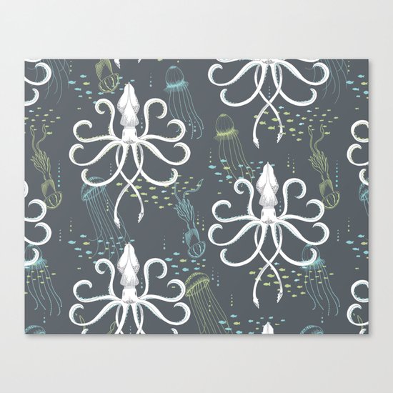 Ghostly Squid Damask Canvas Print