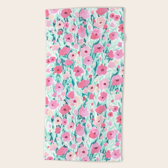 Flower Field Pink Mint Beach Towel