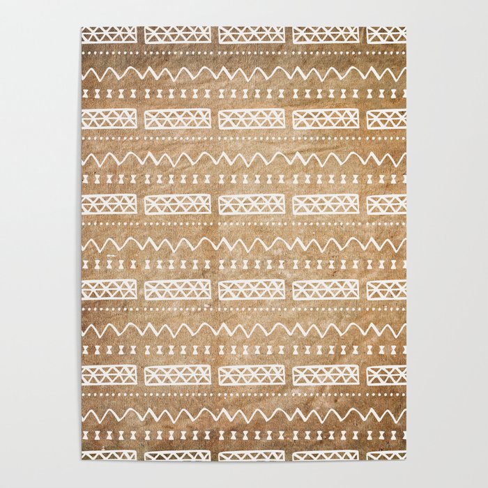 Tan Brown and White Bow Tie Zig Zag Mud Cloth Pattern Poster