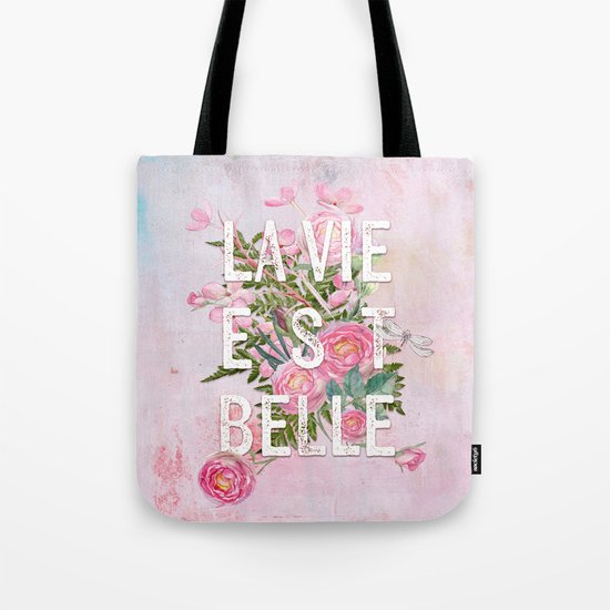 LAVIE EST BELLE - Watercolor - Pink flowers roses - rose flower on #Society6 Tote Bag