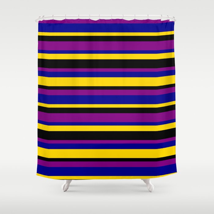 Yellow, Black, Purple, and Dark Blue Colored Pattern of Stripes Shower Curtain