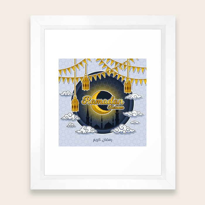 Ramadan Kareem In Golden 3d Word On The Crescent Moon And Silhouette Mosque Of Prophet Muhammad S Framed Art Print By Ridjam Society6