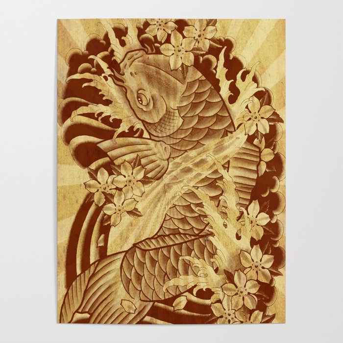 reto sun rays vintage japanese tattoo koi Poster