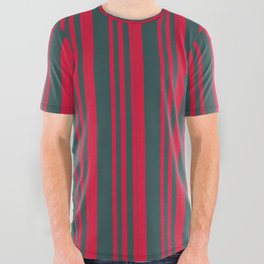 [ Thumbnail: Crimson and Dark Slate Gray Colored Lines Pattern All Over Graphic Tee ]