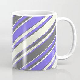 [ Thumbnail: Medium Slate Blue, Dim Gray, and Beige Colored Stripes Pattern Coffee Mug ]