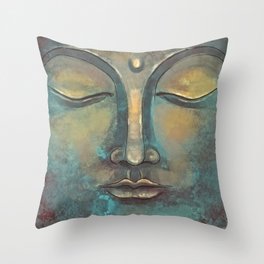 Rusty Golden Copper Buddha Face Watercolor Painting Throw Pillow