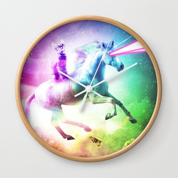 Space Cat Riding Unicorn Laser Tacos And Rainbow Wall Clock By