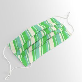 [ Thumbnail: Lime Green, Aquamarine & Beige Colored Stripes/Lines Pattern Face Mask ]