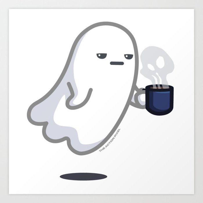 Graveyard Shift - Cute Ghost with Coffee Art Print