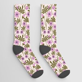 Passion Blooms in Pink and Forest Green on Cream Socks