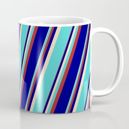 [ Thumbnail: Tan, Turquoise, Red & Blue Colored Lined Pattern Coffee Mug ]