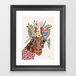 Giraffe with flowers on head Framed Art Print