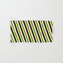 [ Thumbnail: Light Green, Black & Bisque Colored Lined Pattern Hand & Bath Towel ]