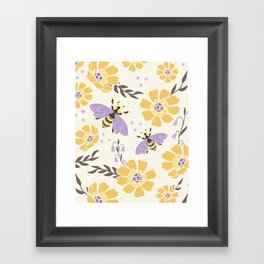 Honey Bees and Flowers - Yellow and Lavender Purple Framed Art Print