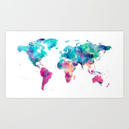 World Map Turquoise Pink Blue Green Art Print