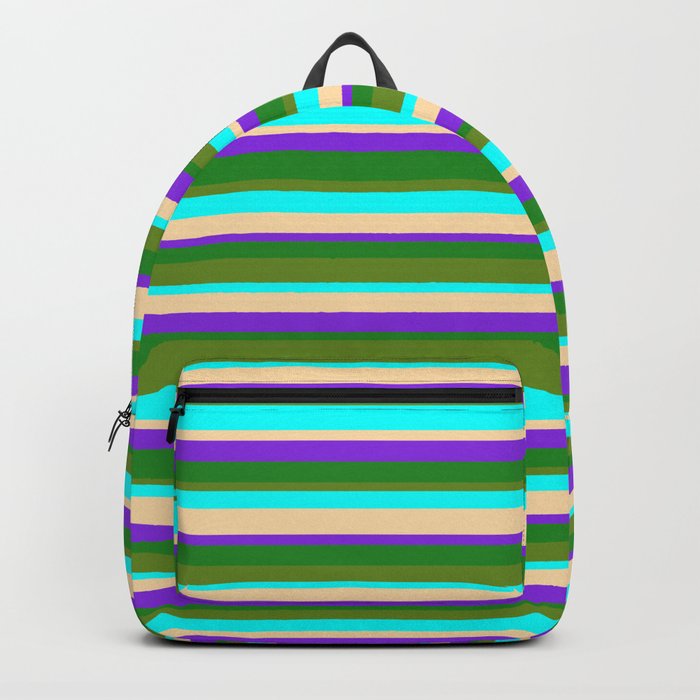Vibrant Tan, Purple, Forest Green, Green & Aqua Colored Striped/Lined Pattern Backpack