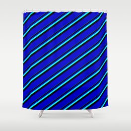[ Thumbnail: Aqua, Black & Blue Colored Lines/Stripes Pattern Shower Curtain ]