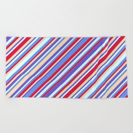 [ Thumbnail: Colorful Tan, Slate Blue, Light Cyan, Cornflower Blue & Crimson Colored Stripes Pattern Beach Towel ]