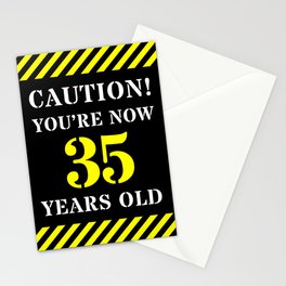 [ Thumbnail: 35th Birthday - Warning Stripes and Stencil Style Text Stationery Cards ]