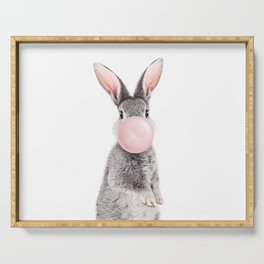 Grey Bunny Blowing Bubble Gum, Pink Nursery, Baby Animals Art Print by Synplus Serving Tray