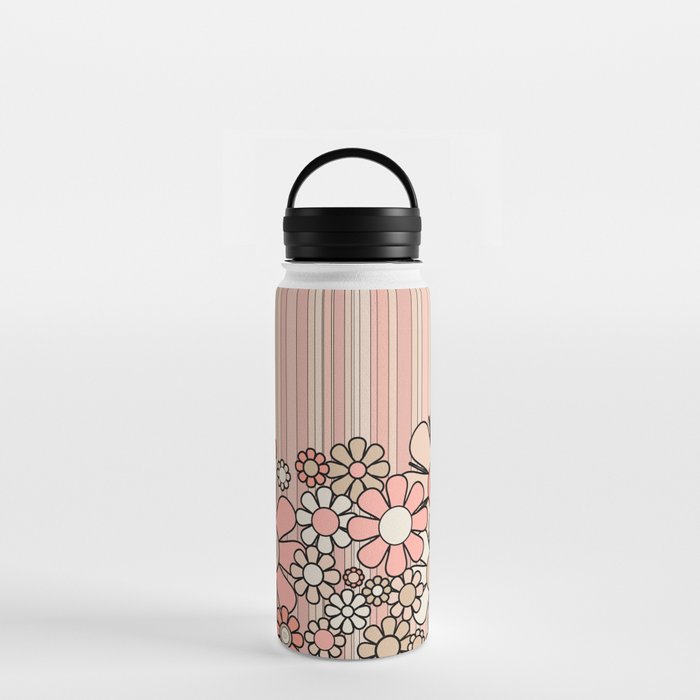 Retro Garden Flowers and Stripes Vintage Aesthetic Blush Pink and Black Floral Pattern Water Bottle