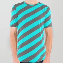 [ Thumbnail: Dim Grey and Cyan Colored Stripes Pattern All Over Graphic Tee ]