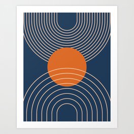 Geometric Lines in Orange and Navy Blue 2 (Sun and Rainbow Abstract) Art Print