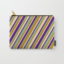 [ Thumbnail: Tan, Indigo, Dark Sea Green, and Dark Goldenrod Colored Stripes/Lines Pattern Carry-All Pouch ]