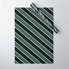 [ Thumbnail: Green, Dark Slate Gray, Mint Cream & Black Colored Lined Pattern Wrapping Paper ]
