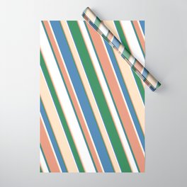 [ Thumbnail: Eye-catching Dark Salmon, Sea Green, Blue, White, and Bisque Colored Stripes Pattern Wrapping Paper ]