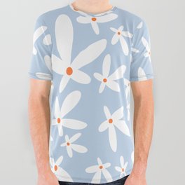 Quirky Floral in Light Blue, Orange and White All Over Graphic Tee