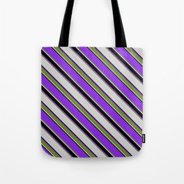 [ Thumbnail: Purple, Green, Light Gray & Black Colored Lines/Stripes Pattern Tote Bag ]