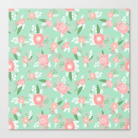 Floral bouquet pastel mint pink florals boho painted pattern basic minimal pattern print Canvas Print