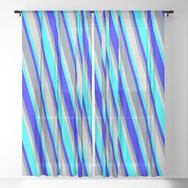 [ Thumbnail: Light Slate Gray, Light Grey, Aqua, and Blue Colored Stripes Pattern Sheer Curtain ]