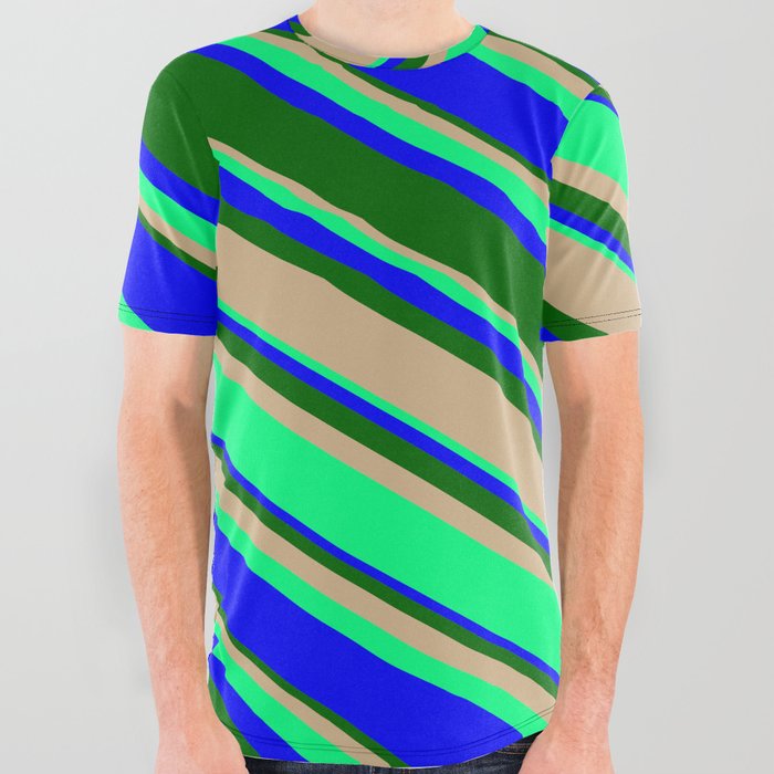 Tan, Green, Blue, and Dark Green Colored Lines/Stripes Pattern All Over Graphic Tee