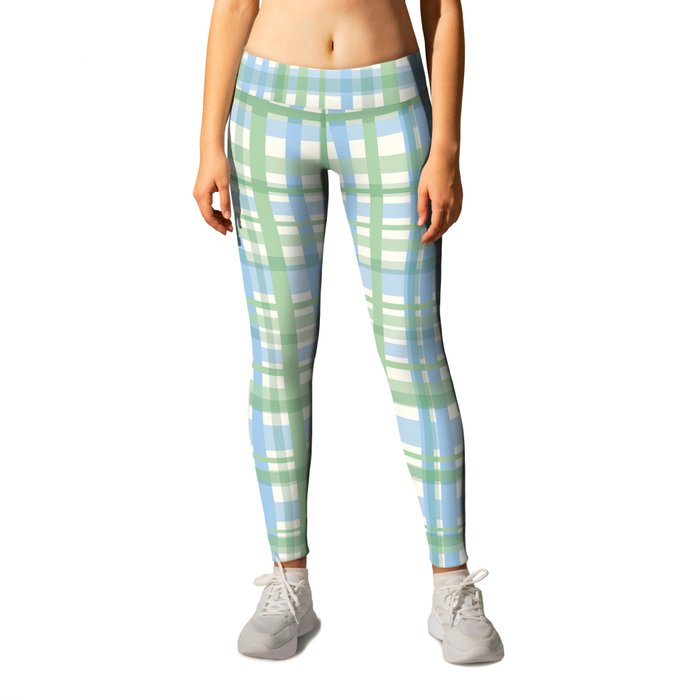 Spring Plaid Pattern Baby Blue Light Green Cream Leggings