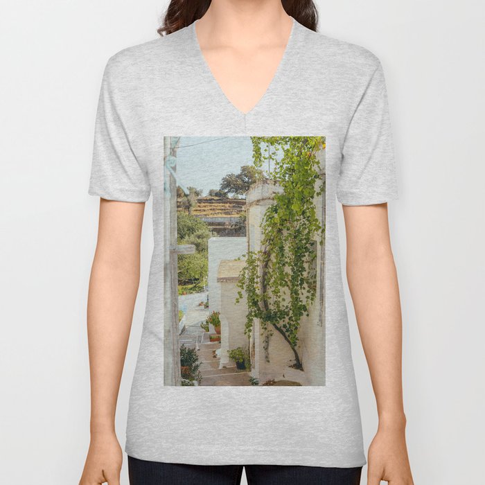 Traditional Greek Street Scene | White Houses Overgrown with Plants | Summer Travel Photography in Greece, Europe V Neck T Shirt