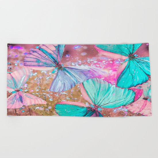 Turquoise butterflies on a pink background - lovely summer mood Beach Towel