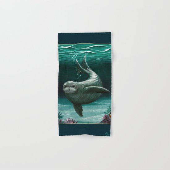 "Hawaiian Monk Seal" by Amber Marine ~ Acrylic Painting, (C) 2015 Hand & Bath Towel