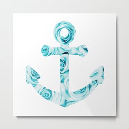 Blue Roses Nautical Anchor Metal Print