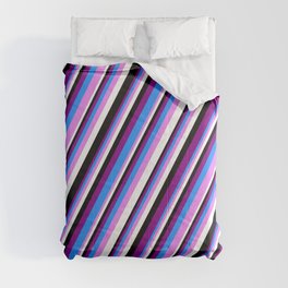[ Thumbnail: Purple, Blue, Violet, White & Black Colored Stripes Pattern Comforter ]