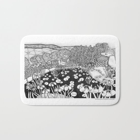 Zentangle Vermont Landscape Black and White Illustration Bath Mat