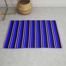 [ Thumbnail: Plum, Black, and Blue Colored Lines Pattern Rug ]